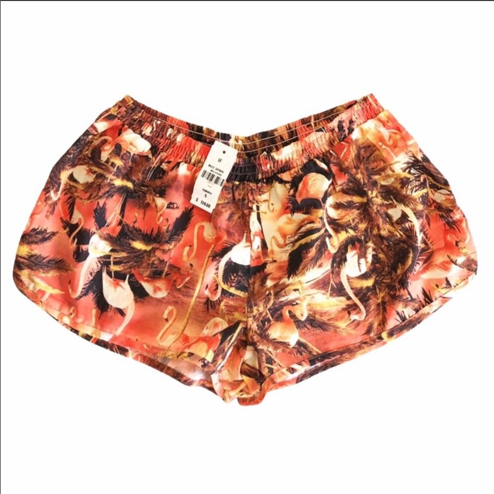 NEW LF MILLAU Orange Black Tan Beachy Tropical Flamingo Print Shorts Lounge S